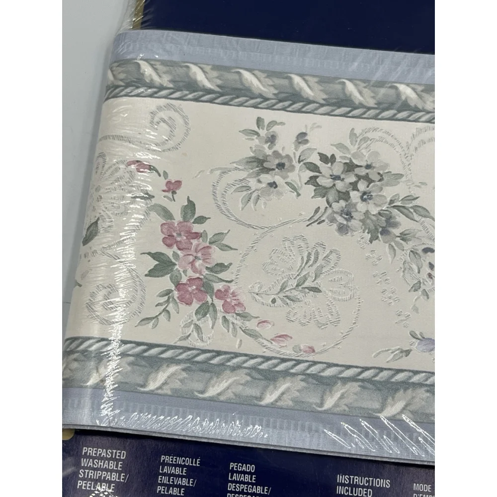 ViNtage Mirage prepasted Wallpaper Border Blue / Pink Flowers 5 yards NEW